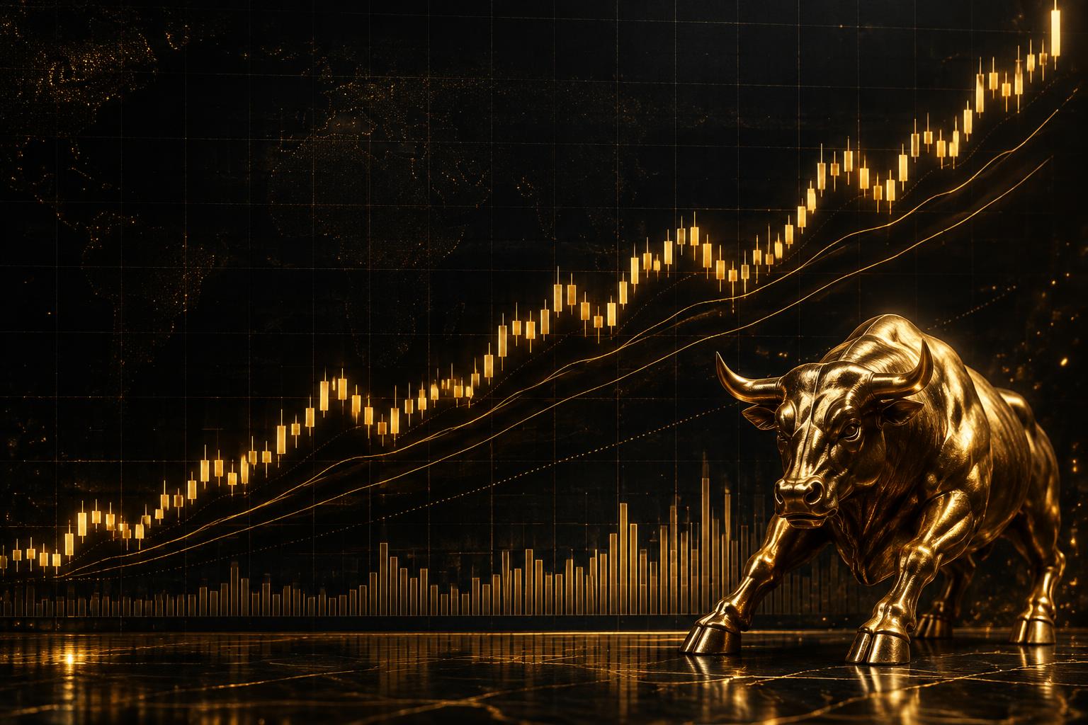 Metallic gold bull and rising golden candlestick market